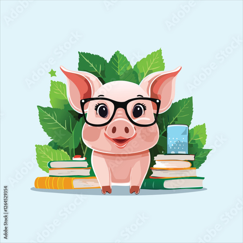pig with trendy glasses, surrounded by books and gadgets