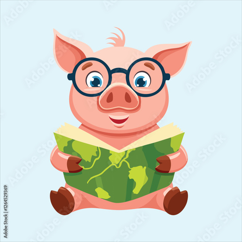 pig with large glasses, trying to read a map while traveling