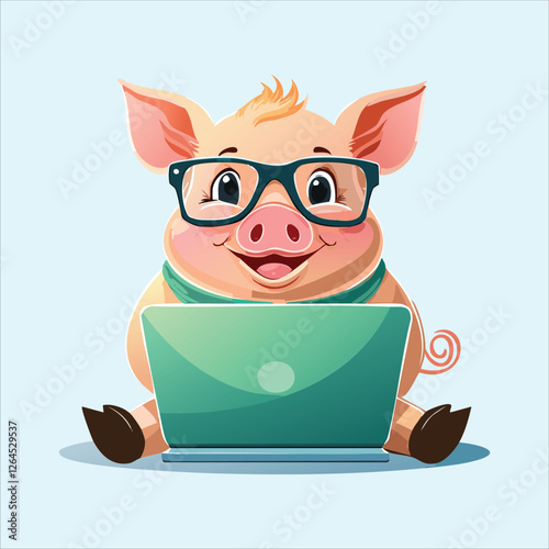 pig wearing funky glasses, working on a computer