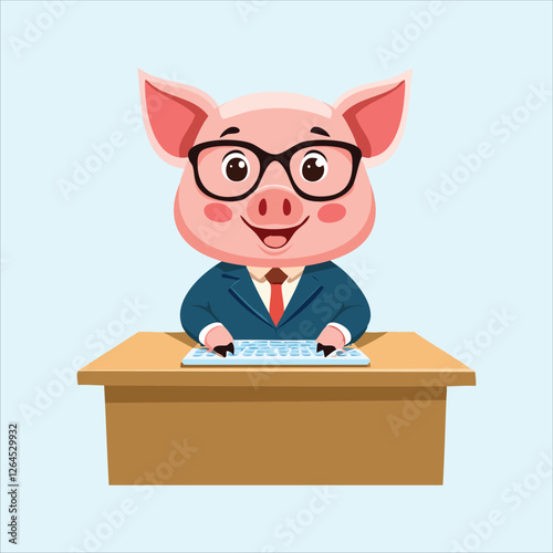 pig with glasses sitting at a desk, typing on a keyboard