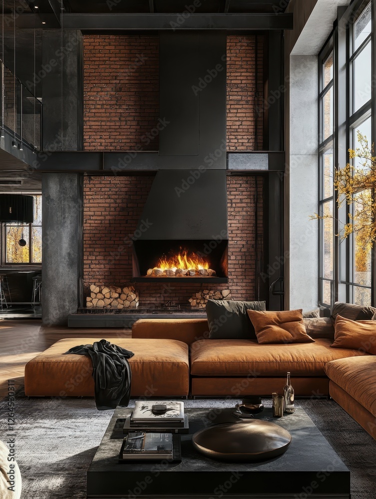 Fototapeta premium Luxurious modern living room featuring a fireplace and large window