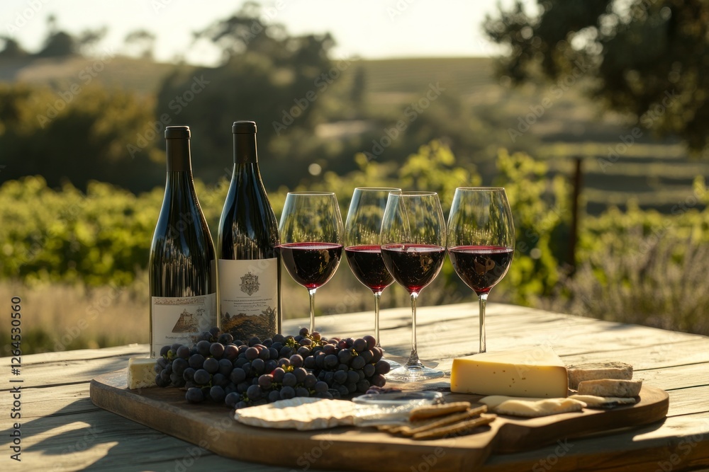 Red Wine Tasting with Cheese and Grapes Vineyard Setting Red Wine Tasting with Cheese and Grapes Vineyard Setting