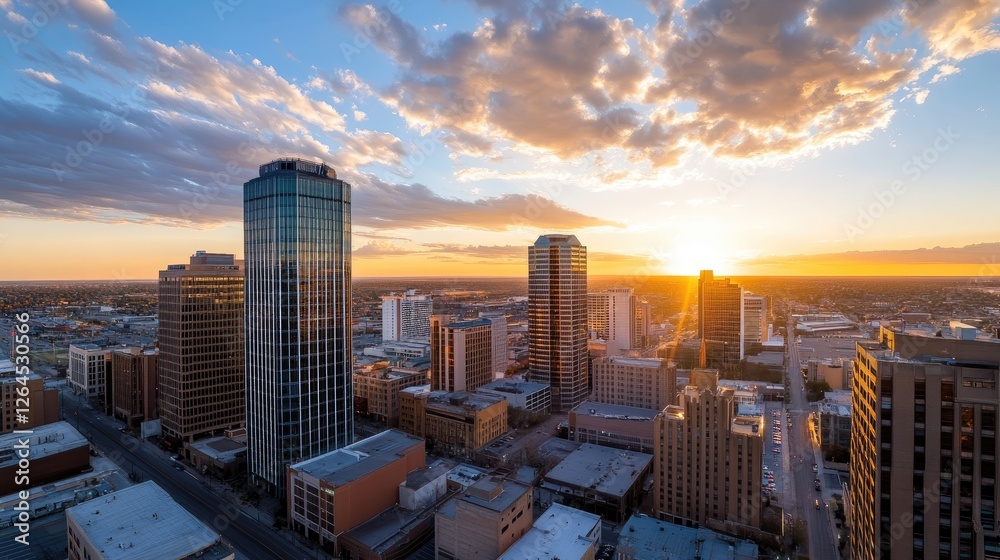 Obraz premium Sunset over urban skyline cityscape aerial view modern architecture evening atmosphere