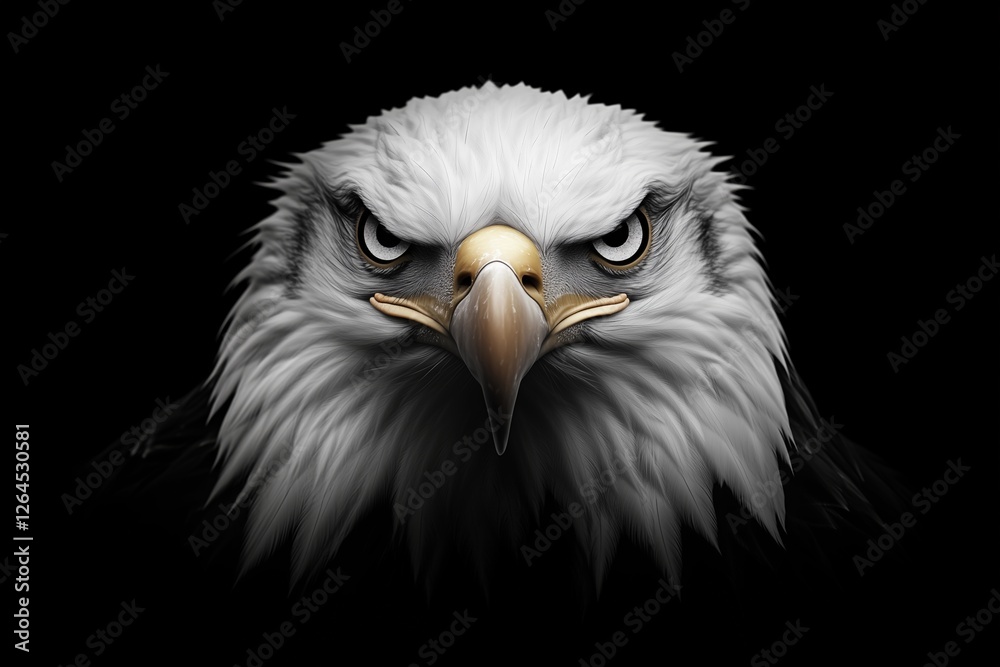 Bald eagle front view with piercing eyes and sharp beak against black background. strength and freedom Bald eagle front view with piercing eyes and sharp beak against black background. strength and freedom