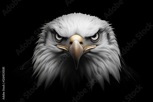 Bald eagle front view with piercing eyes and sharp beak against black background. strength and freedom