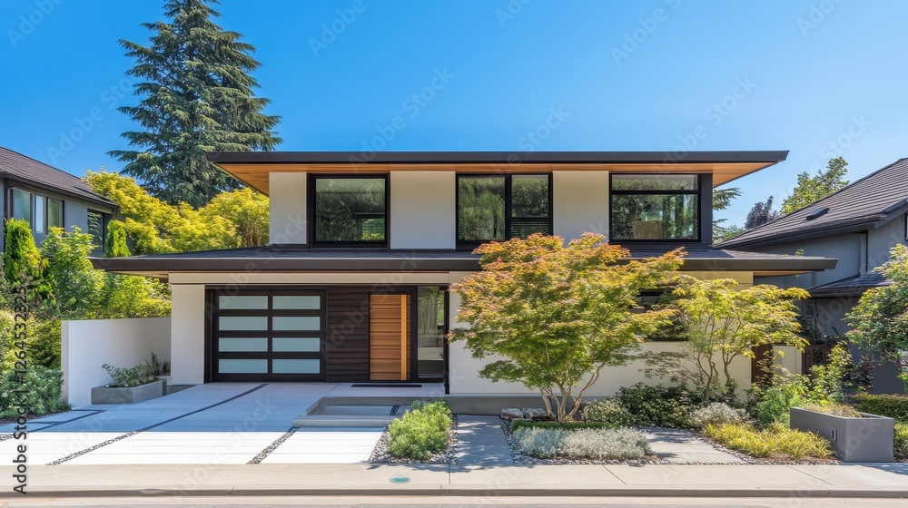 Modern two story house with a sleek driveway and landscaping Modern two story house with a sleek driveway and landscaping