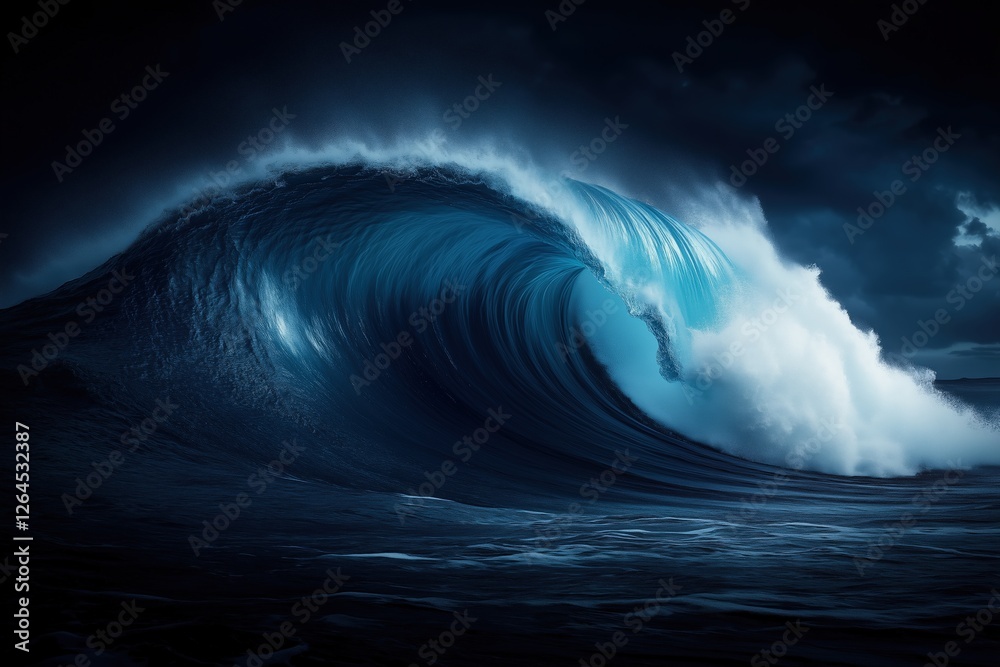 Fototapeta premium Dramatic ocean wave under dark stormy sky with deep blue tones. power and nature