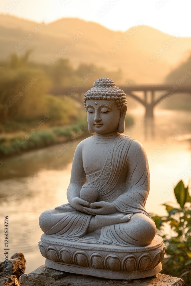 Fototapeta premium Buddha statue near river at sunrise, peaceful meditation scene, tranquil landscape, spiritual harmony, Zen garden inspiration, calming nature background