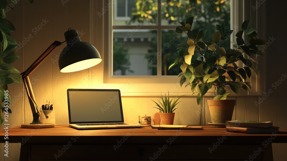 Fototapeta premium Cozy Home Office at Dusk: Laptop, Plants, and Warm Lighting