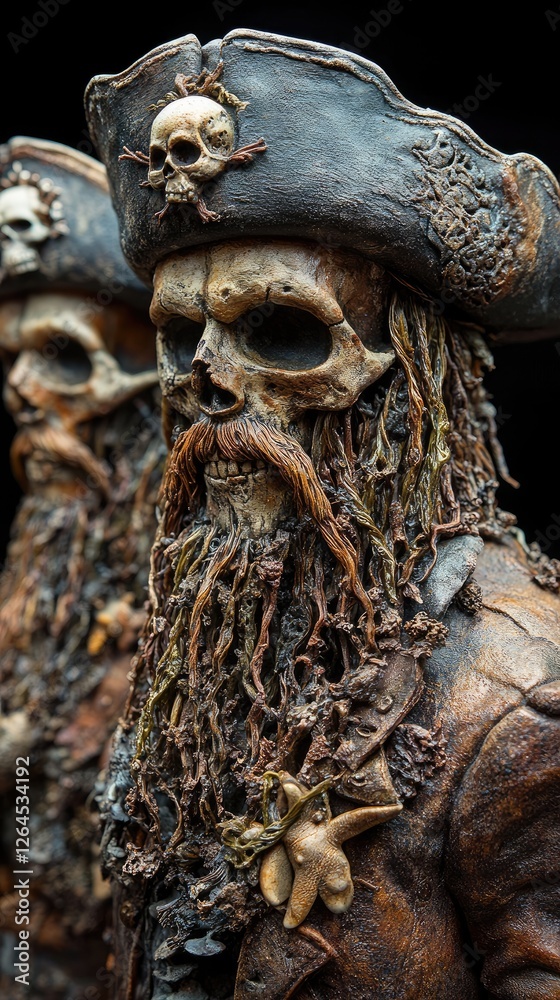 Detailed close-up of pirate skull figures with intricate textures and features, set against a dark backdrop