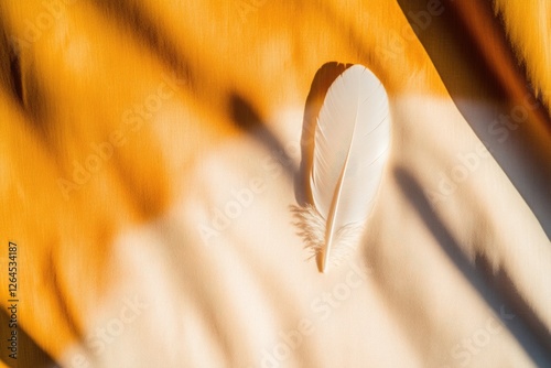 Delicate white feather rests on warm, textured background, captu photo