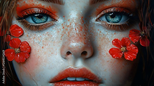 Girl with red flowers on face in artistic oil painting style with taichords influence