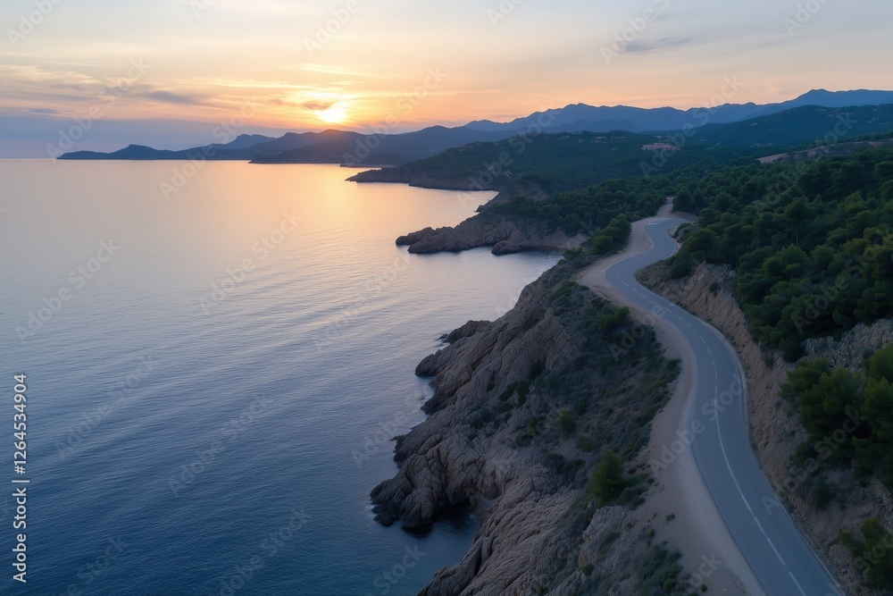 Winding coastal road along cliffs with ocean view at sunset. Scenic travel route Winding coastal road along cliffs with ocean view at sunset. Scenic travel route