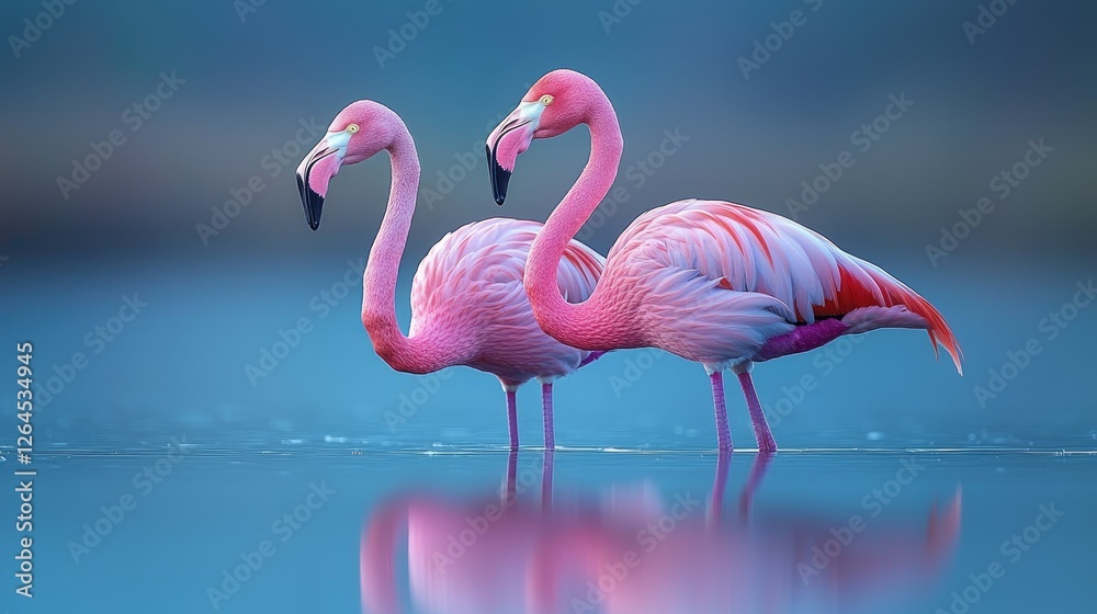 Fototapeta premium Two elegant flamingos standing gracefully in a serene blue water landscape at dawn