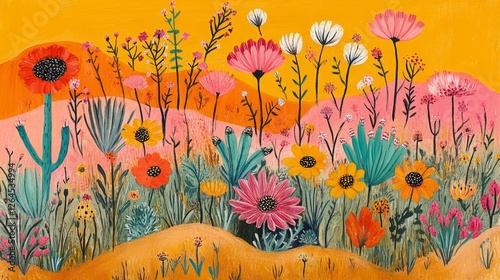 Vibrant Desert Floral Illustration Artistic Botanical Painting Desert Bloom Artwork