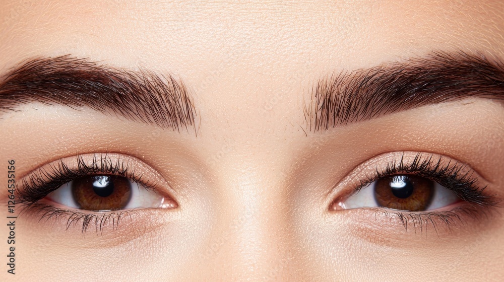 Obraz premium Eyebrow fashion thick enhancement concept. Striking Brushed Up Eyebrows with Sharp Defined Edges on a Glamorous Female Face