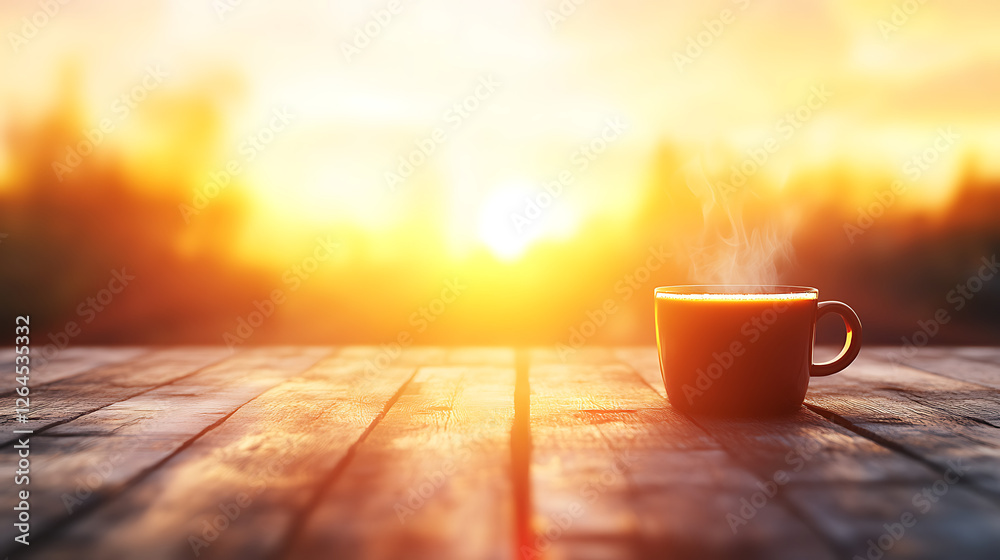 Morning Coffee on Wooden Table with Blurry Sunrise Background at a Tranquil Scene Morning Coffee on Wooden Table with Blurry Sunrise Background at a Tranquil Scene