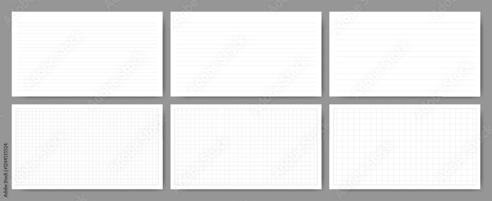 Set of 16:9 lined and grid notebook paper with margins backgrounds, includes 3 line spacing variations and 3 grid sizes. Light gray lines on white base. Set of 16:9 lined and grid notebook paper with margins backgrounds, includes 3 line spacing variations and 3 grid sizes. Light gray lines on white base.