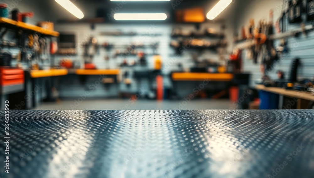 Empty Table in Foreground with Mechanic's Workshop and Tools in Blurred Background Empty Table in Foreground with Mechanic's Workshop and Tools in Blurred Background
