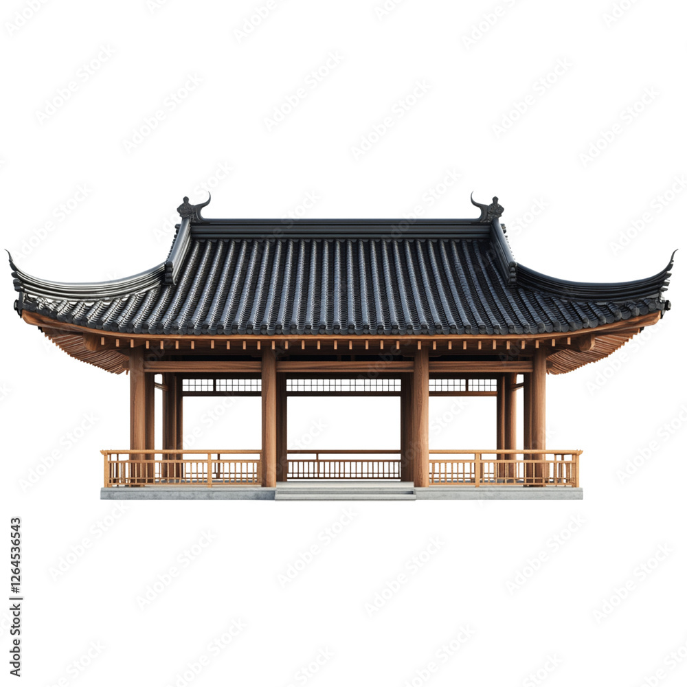 Fototapeta premium 3D rendering of a Japanese black tile roof on top of a wooden pavilion on a white background