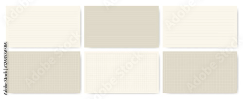 Set of 16:9 lined and grid notebook paper with margins backgrounds in beige colors, includes 3 line spacing variations and 3 grid sizes.