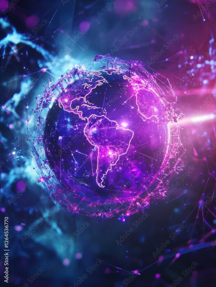 Fototapeta premium 4IR fourth industrial revolution on the ultraviolet background of polygon world map globe with blockchain technology peer to peer network. Fourth industrial revolution business banner concept.