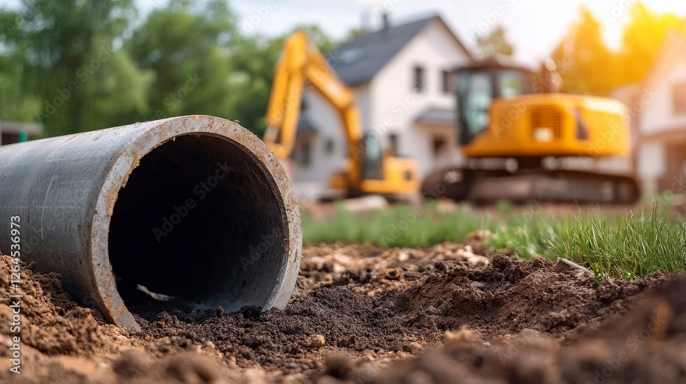 Construction Site with Excavation Equipment and Pipe Laying on Ground in Residential Area During Daylight Hours Construction Site with Excavation Equipment and Pipe Laying on Ground in Residential Area During Daylight Hours