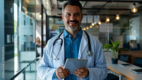 Confident male doctor in a modern medical office holding a digital tablet, wearing a white lab coat with a stethoscope, exhibiting professionalism and approachability in a healthcare setting