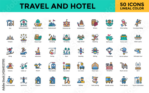 Travel and Hotel icon set with zoo, botanical garden, wildlife sanctuary, national park, historical site, architecture, winery, vineyard, wine tasting icon. Simple lineal color vector 
