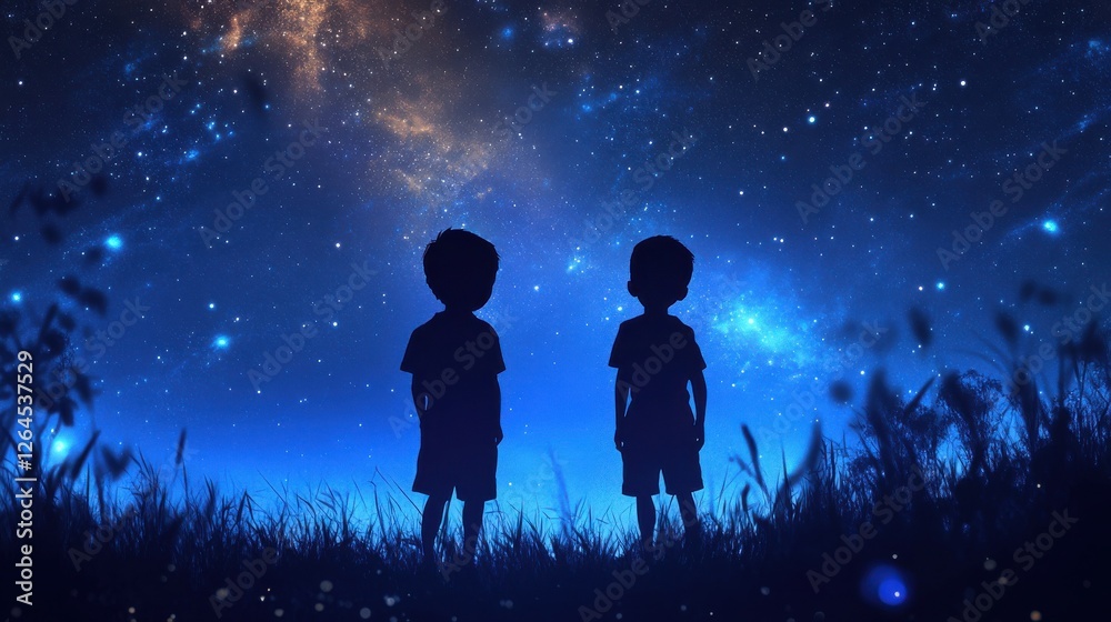 Silhouette two little boys with Milky Way and beautiful night sky full of stars in background Silhouette two little boys with Milky Way and beautiful night sky full of stars in background