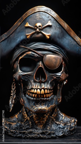 Detailed pirate skull bust with hat and eyepatch, set against a dark background, showcasing craftsmanship