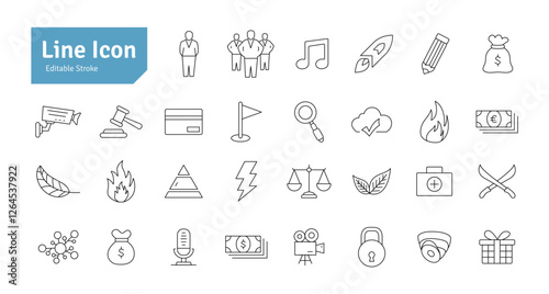 Teamwork, Manager, Gift, Justice, Mega Phone, Key, Lock, First Aid, CCTV, Mosque, Rocket, Music, Microphone, Fire, Leaf, Pencil Line Icon Set. Editable Stroke Vector Illustration