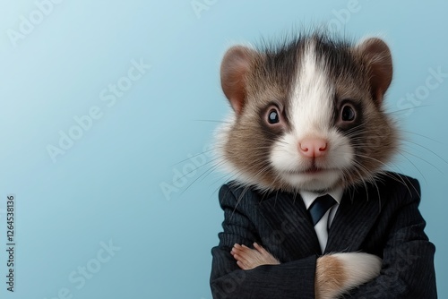 Businessman with a skunk head poses confidently in a bold black-and-white suit against a clean backdrop photo