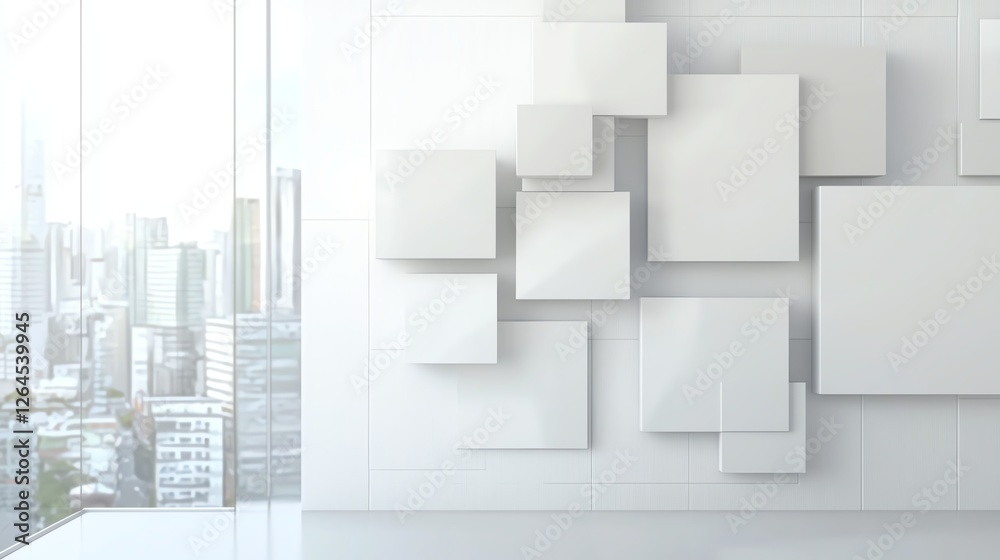 Modern abstract architecture with geometric wall panels in a city view setting, minimalistic design. Modern abstract architecture with geometric wall panels in a city view setting, minimalistic design.