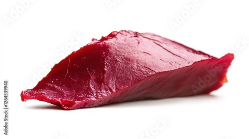 Close-up of fresh raw beef steak isolated on white background, large piece of buffalo meat filet, close-up photo