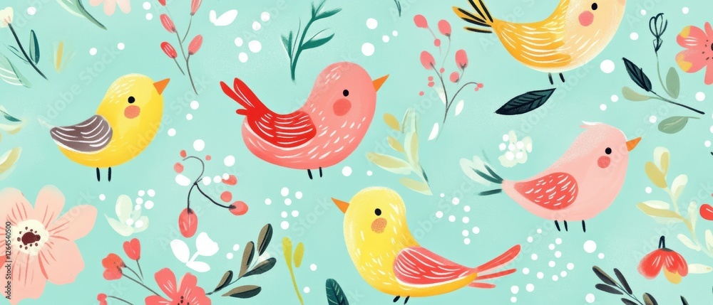 Obraz premium Charming bird illustration with colorful flowers on a pastel background, perfect for home decor, childrens art, and nature-themed projects.