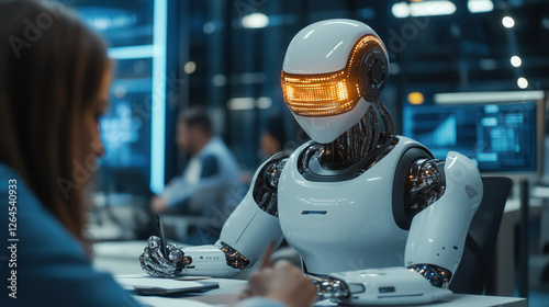 Wallpaper Mural A business meeting in a futuristic office, where AI-powered robots assist professionals in decision-making Torontodigital.ca