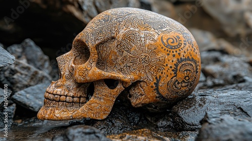 Intricately carved skull resting on rocky terrain, surrounded by natural textures and colors