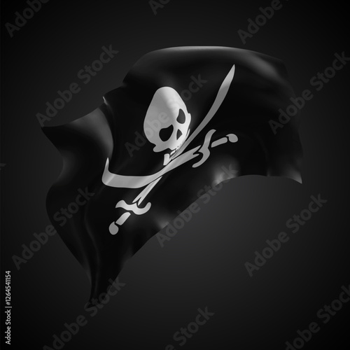 Pirate, vector 3d flag with waves on a black background