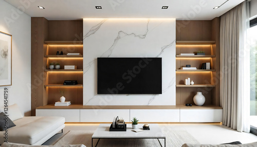 A built-in tv cabinet with marble on background and wooden wall paneling shelf in living room
