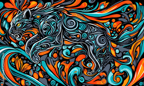 Abstract stylized panther artwork. Vibrant teal, orange, and grey color palette. Intricate swirling design elements.  Perfect for fashion, home decor, or graphic design projects. photo