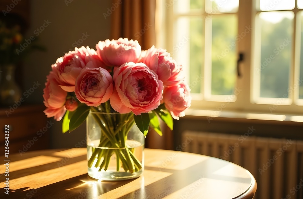 Obraz premium The room is flooded with sunlight, and there is a vase with a bouquet of peonies on the table. Flower delivery concept, small business, flower shop