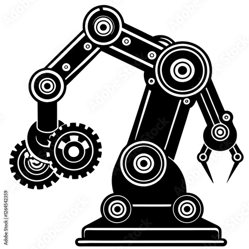 Robotic Arm Assembling Complex Machinery on White Background