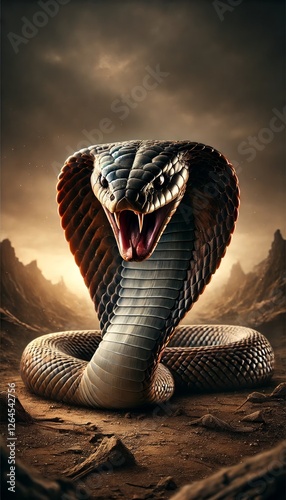 Angry and Furious Cobra with Expanded Hood in Its Natural Habitat – Dramatic Wildlife Portrait with Intense Expression and Cinematic Lighting