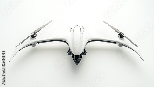 Futuristic drone hovering, studio shot, white background, technology photo