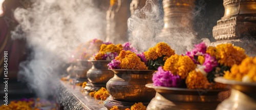 Colorful floral offerings at a temple with incense smoke, symbolizing spirituality and devotion in traditional rituals and cultural practices.