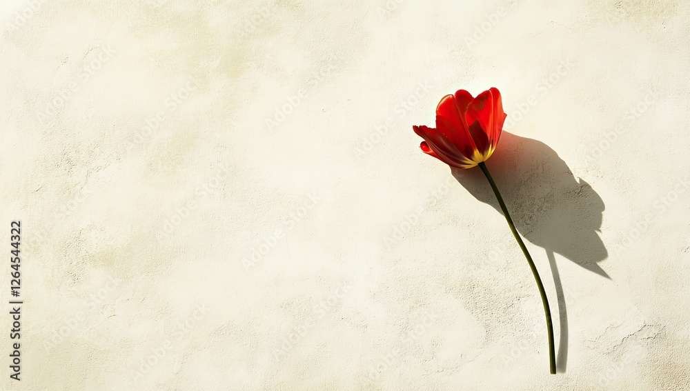 Red tulip shadow on light beige surface Red tulip shadow on light beige surface