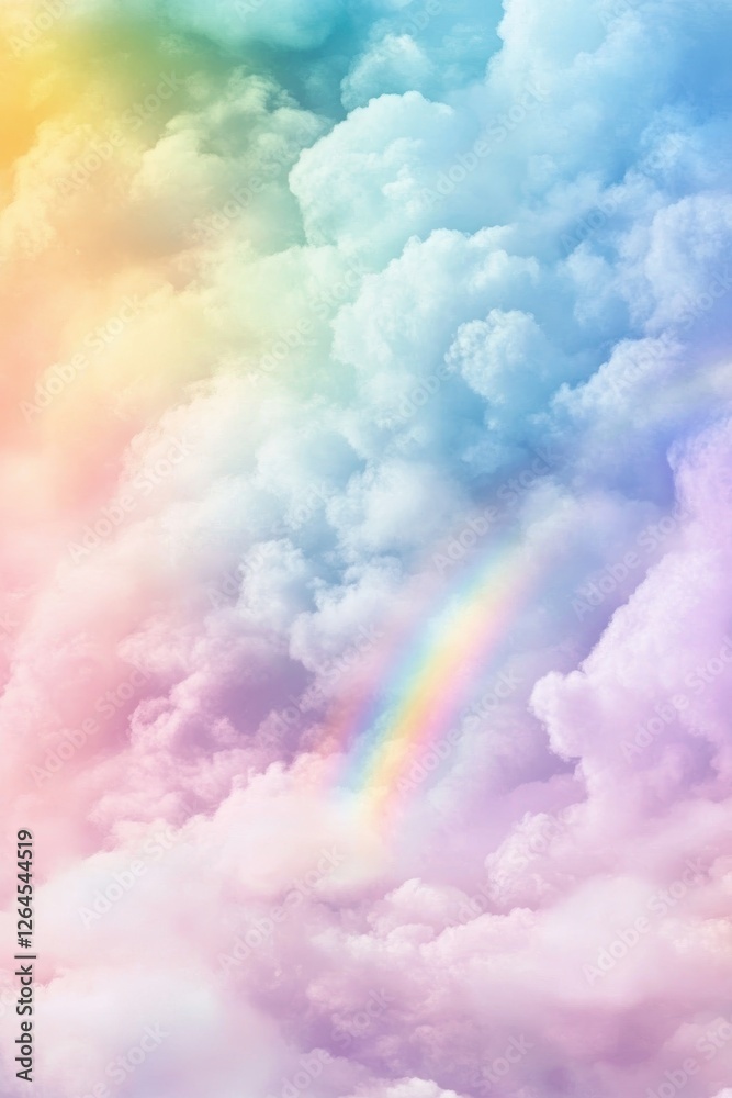 Colorful rainbow in fluffy clouds, serene pastel sky, dreamy landscape, beautiful weather, nature background for wallpapers, prints, and designs