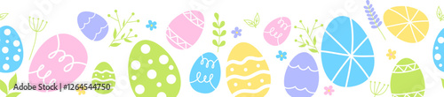 Easter eggs composition hand drawn black on white background. Decorative horizontal stripe from eggs with doodle leaves.