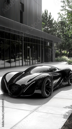 Futuristic black sports car parked outside a modern building with reflective glass and greenery